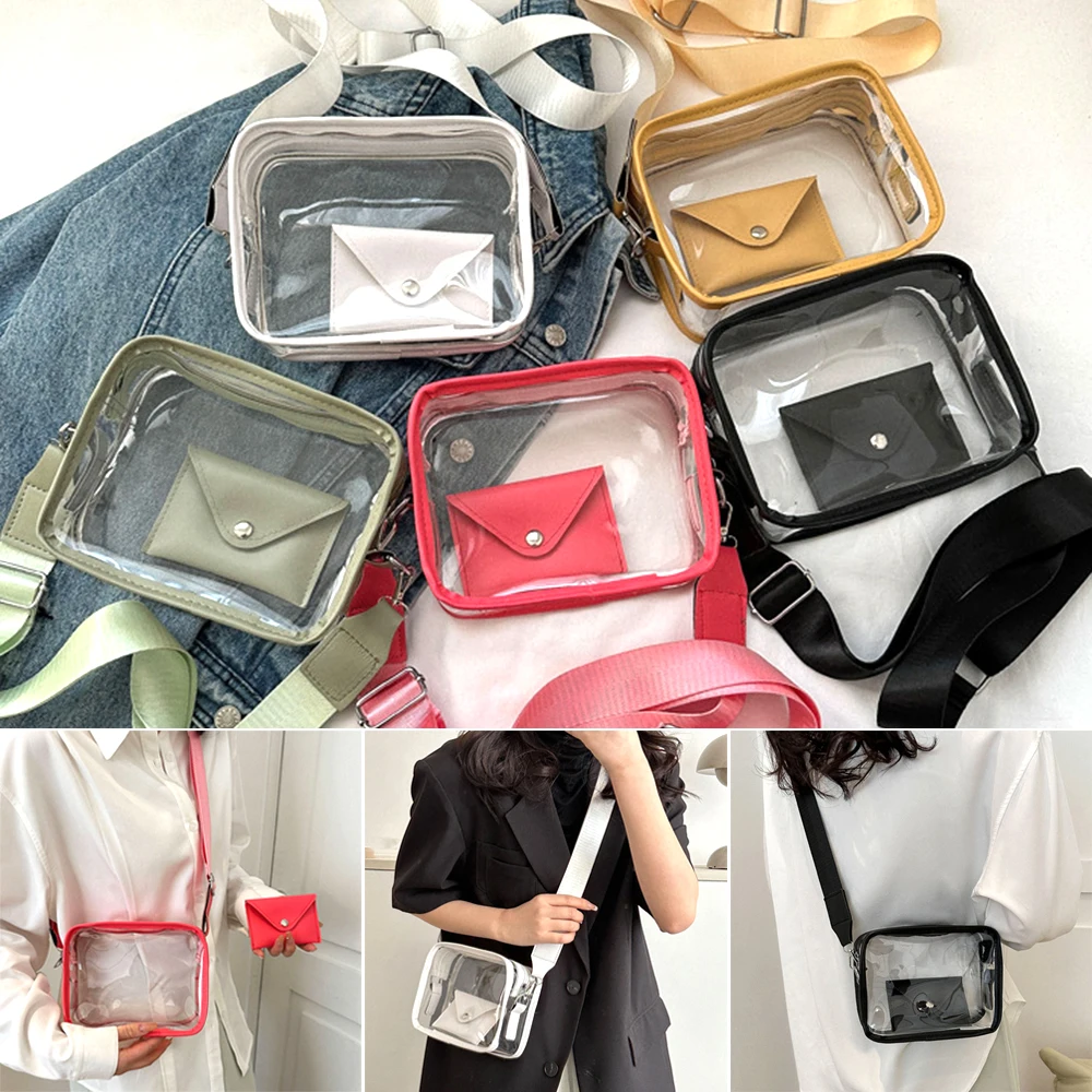 

Fashion Women's PVC Transparent Shoulder Bag Wide Strap Crossbody Square Bag Zipper Purse Girls Concerts Clear Handbag Phone Bag
