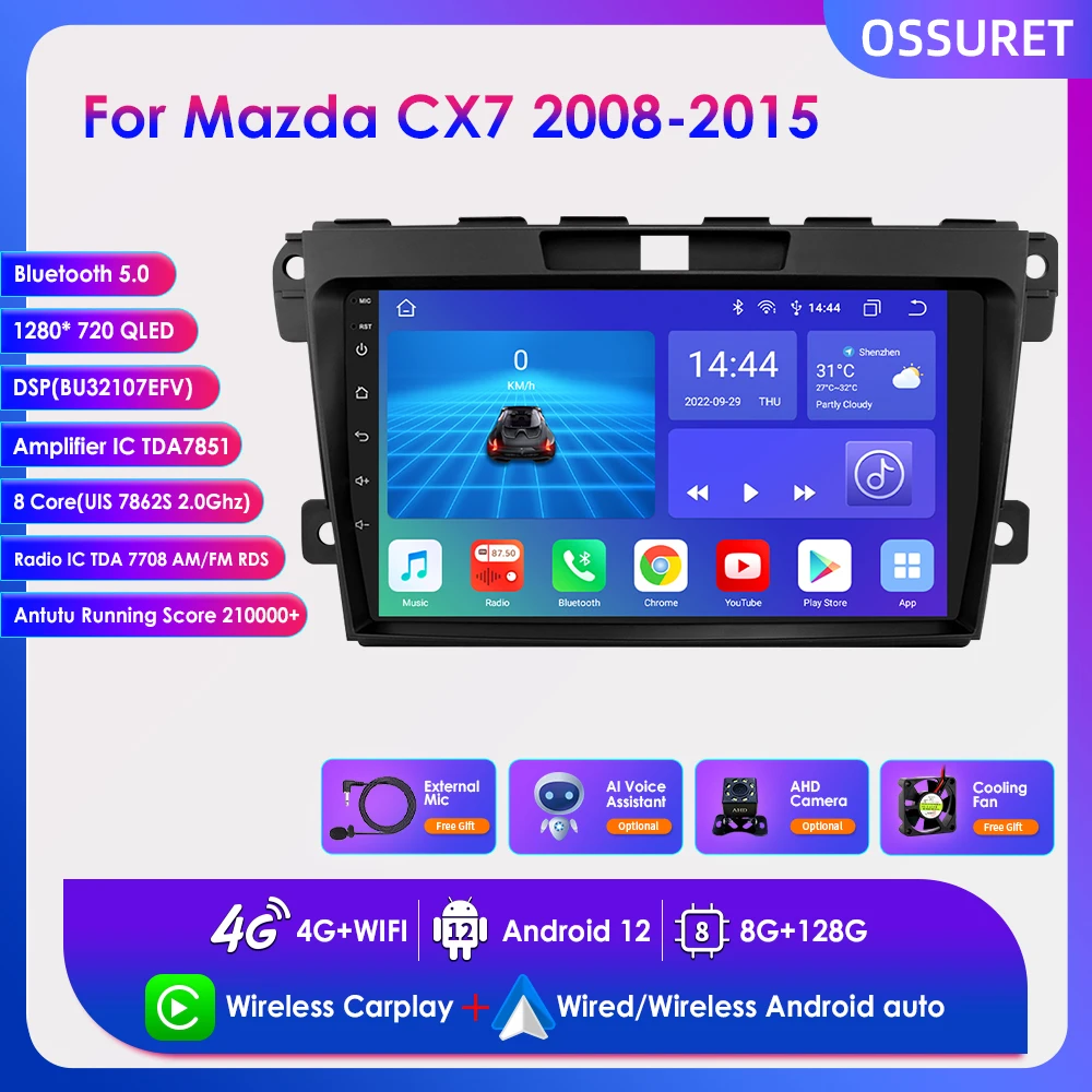 

Автомагнитола 2DIN, 9 дюймов, 8 ядер, для Mazda CX7 2008-2015, Авторадио, мультимедийный плеер, Android 12, GPS-навигация, 4G, Wi-Fi, SWC, RDS, DSP, BT