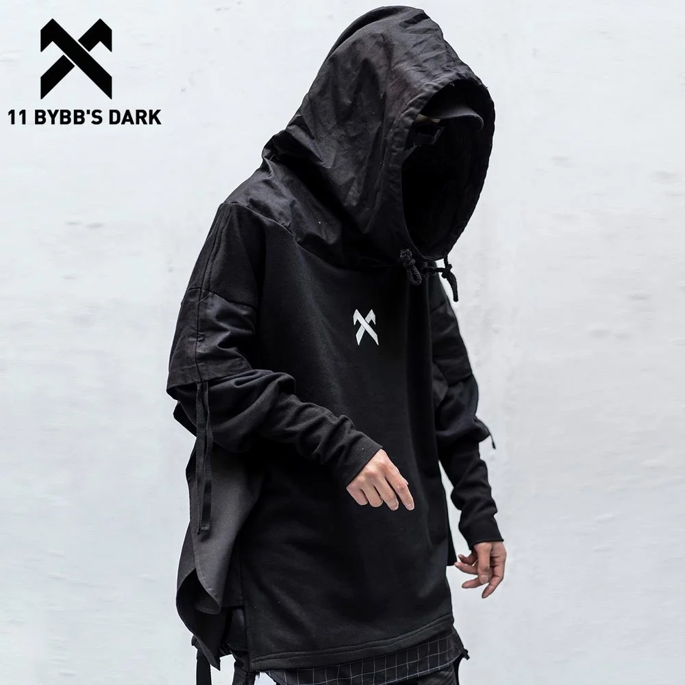 Streetwear Japanese Man Hoodies Hip Hop Embroideried Pullover Patchwork Fake Two Darkwear Tops Techwear Hoodies