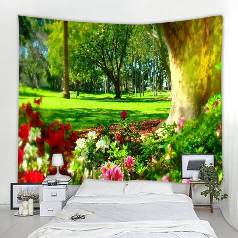 

Watercolor Forest Floral Tapestry Green Trees Plant Red Flowers Nature Scenery Tapestries Bedroom Living Room Decor Wall Hanging