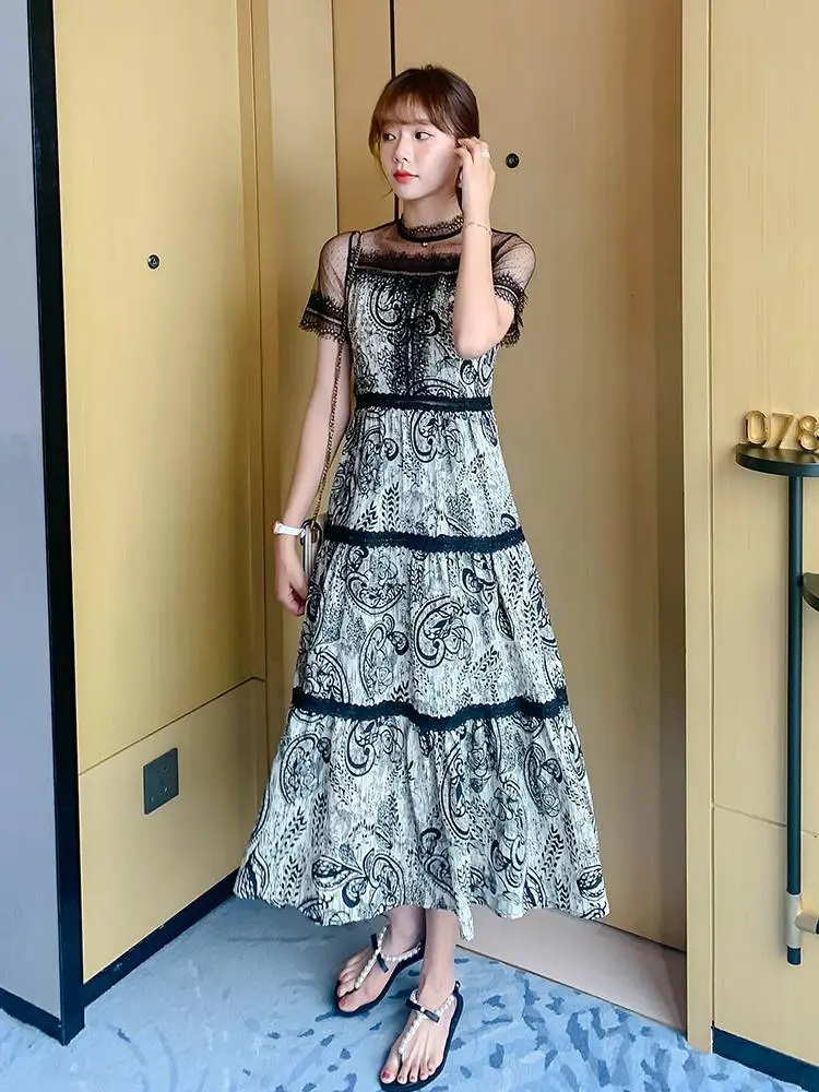 

2022 Summer Chiffon Floral Dress Lace Patchwork Short Sleeve Stand Collar Woman Vintage Dresses Office Lady Elegant Dress Cute