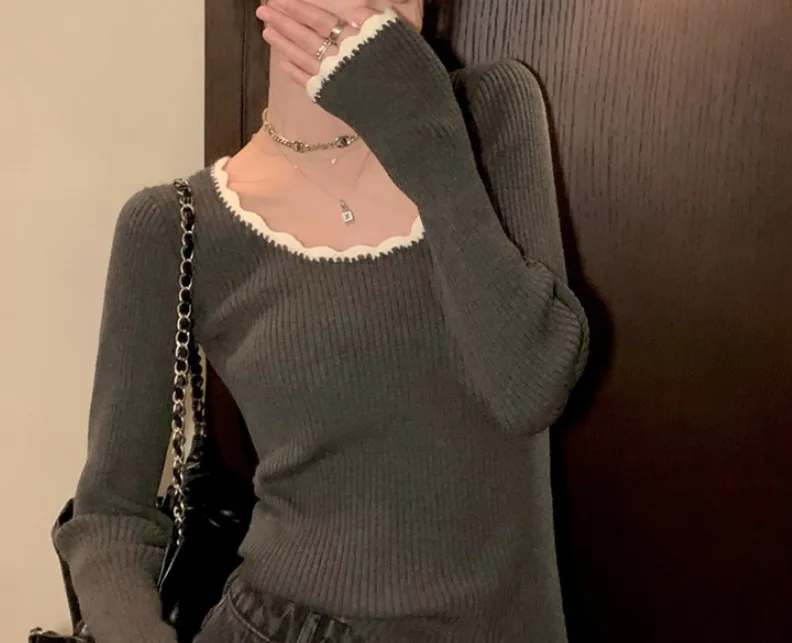 Большой круглый вырез в стиле ретро контрастного цвета облегающий нижний топ с