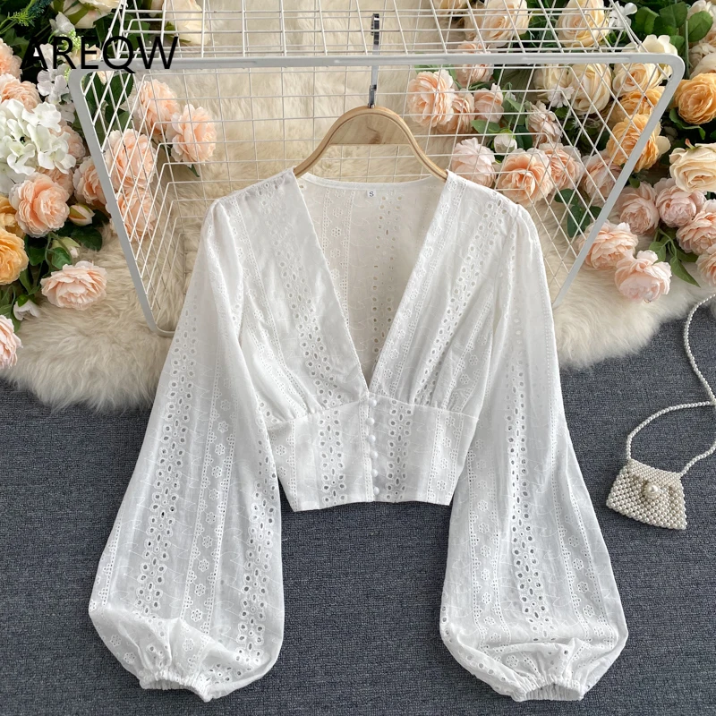 

Sexy Hollow Out Women's Blouse Elegant Deep V-Neck Slim Short Shirts Female Puff Long Sleeve White Tops Autumn 2022 Blusas New