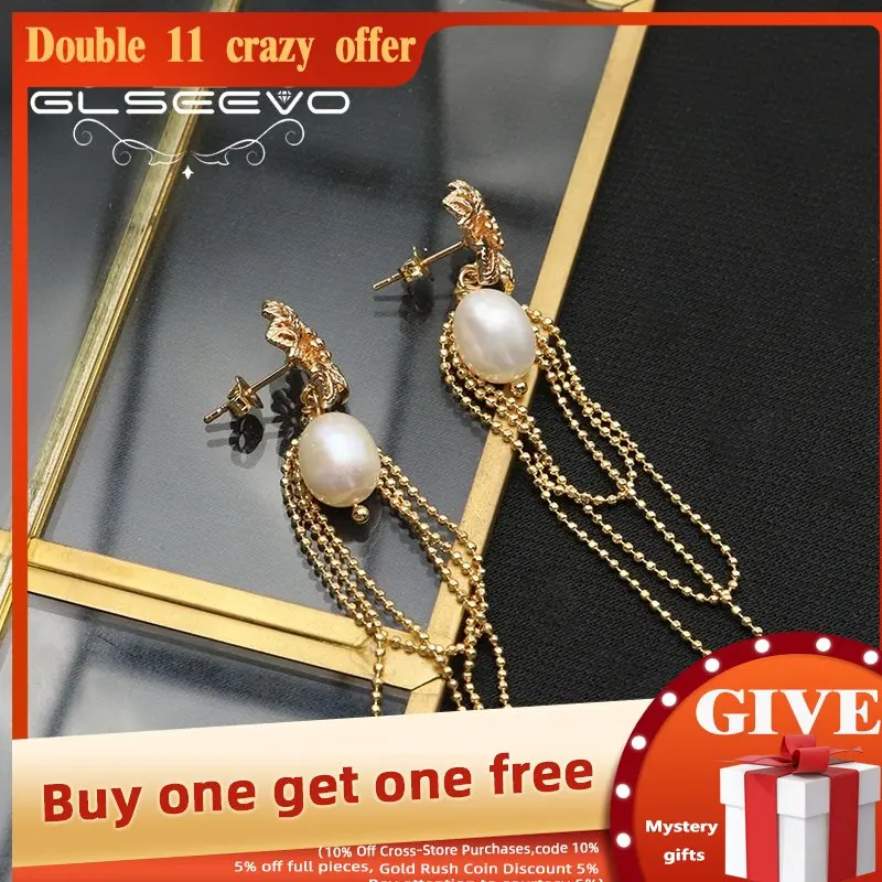 

GLSEEVO Flowers Long Chain Tassel Natural Pearls Earrings Retro Trend Exquisite Jewelry Accessories Women Party Birthday Gifts