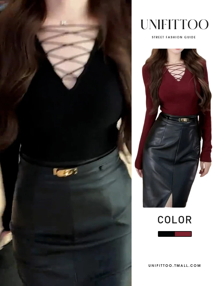 Черная футболка с длинными рукавами и v-образным вырезом женский топ 2024 осень