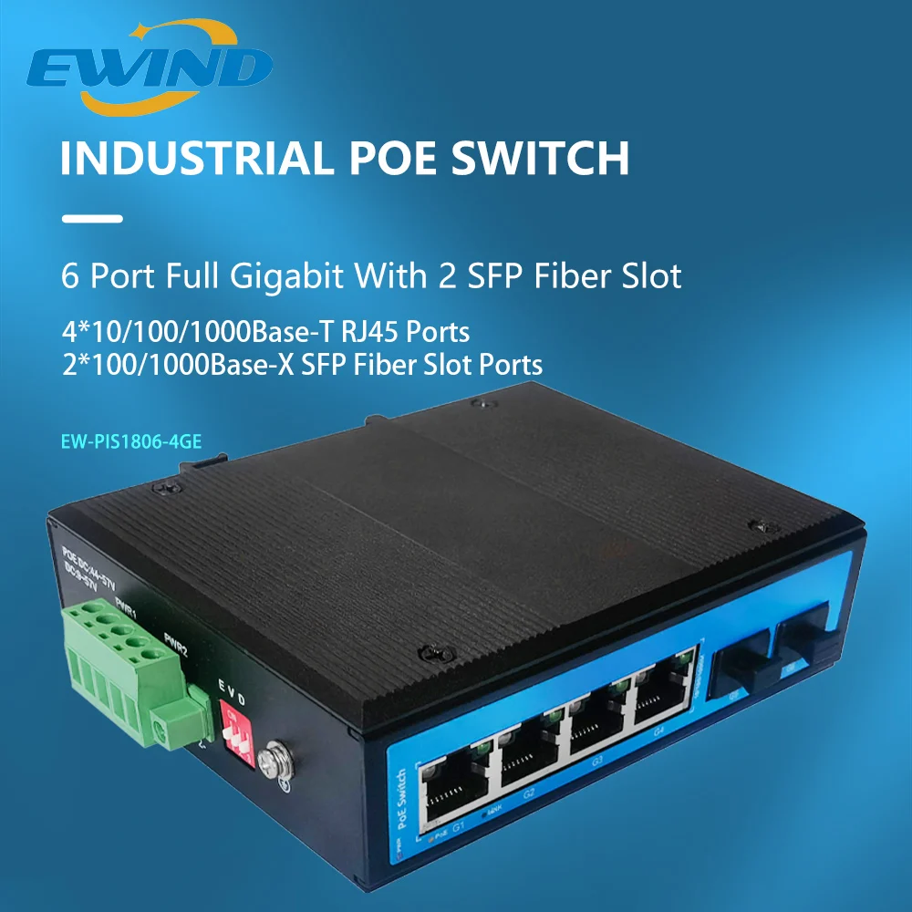 EWIND Industrial POE Switch Full Gigabit Fiber Ethernet Switch 10/100/1000Mbps Base-T DIN IP40 6KV Industrial POE Network Switch