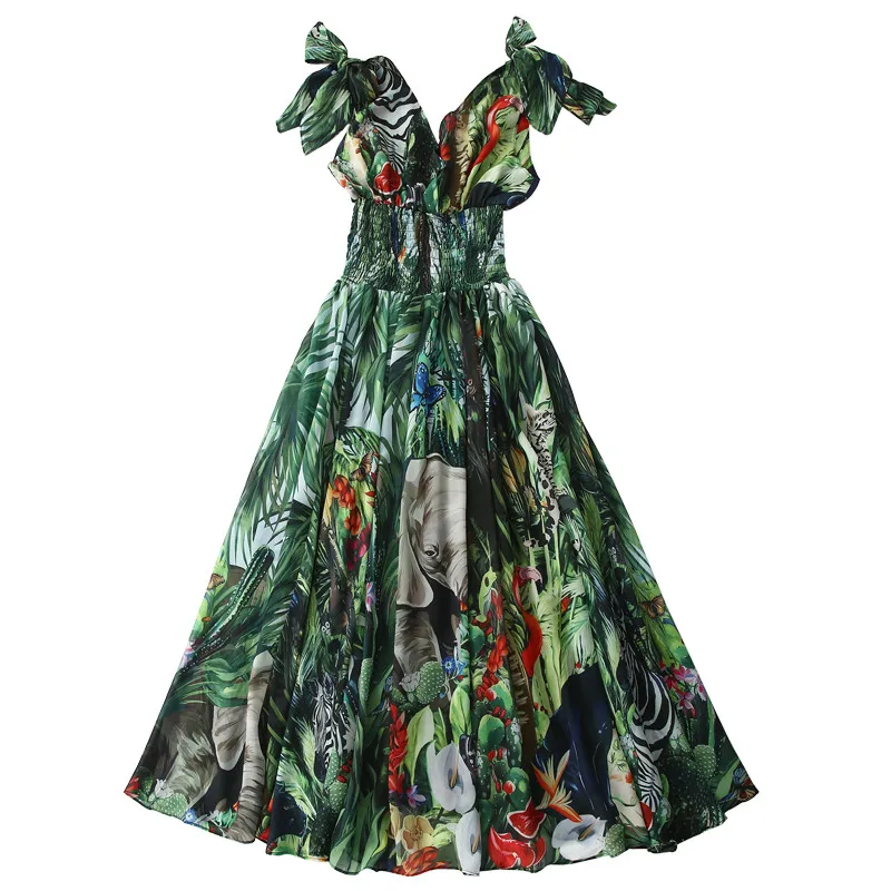 

Runway Forest Animal Print Green Maxi Dress 2020 Summer Women's Bow tie Strap V-Neck High Elastic Waist Chiffon Long Dress