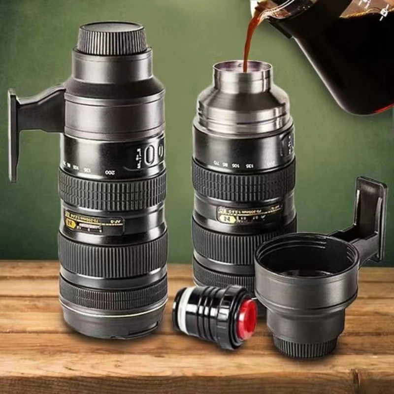 

304 Stainless Steel Thermos Cup Camera Lens Kettle Stainless Steel Coffee Cup Vacuum Thermos Bottle Thermal Travel Cup Black Mug