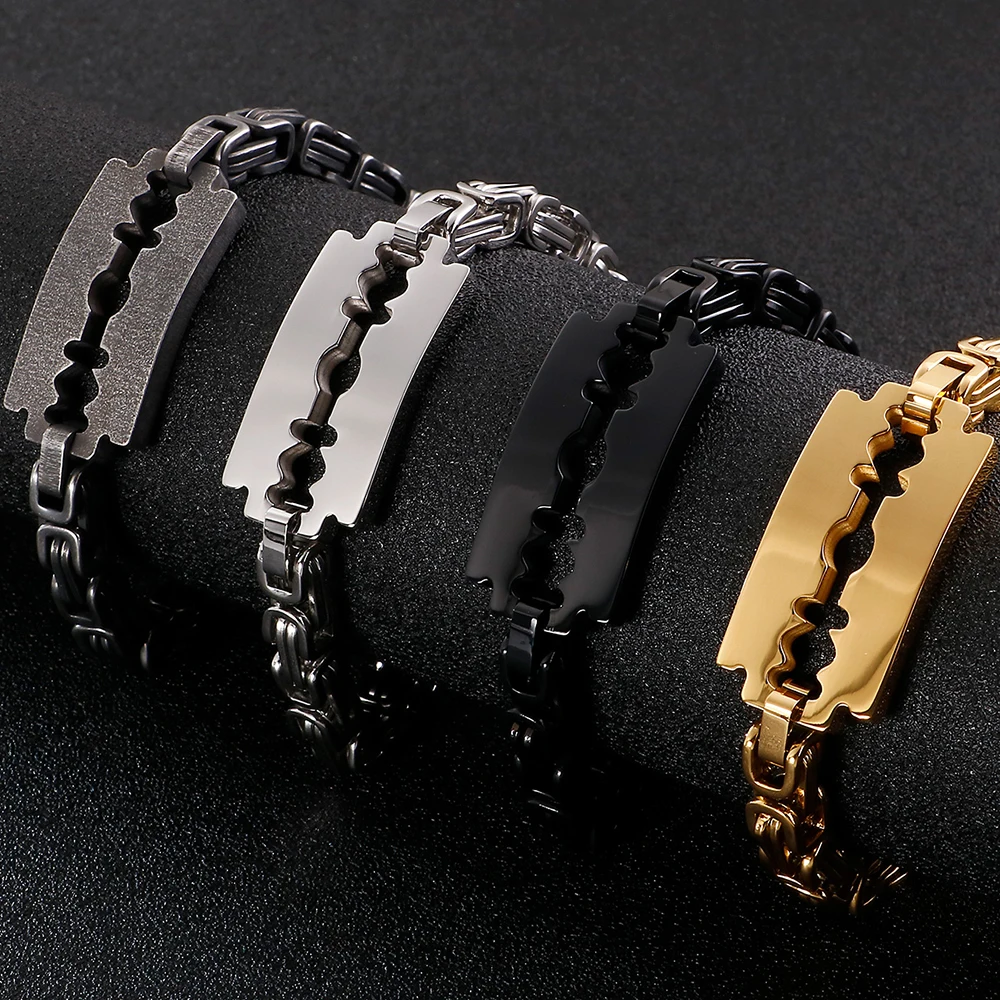 

Gold Color Black Biker Bracelet For Men Vintage Brush 316L Stainless Steel Byzantine Chain Blade Bracelets Bangles Male Jewelry