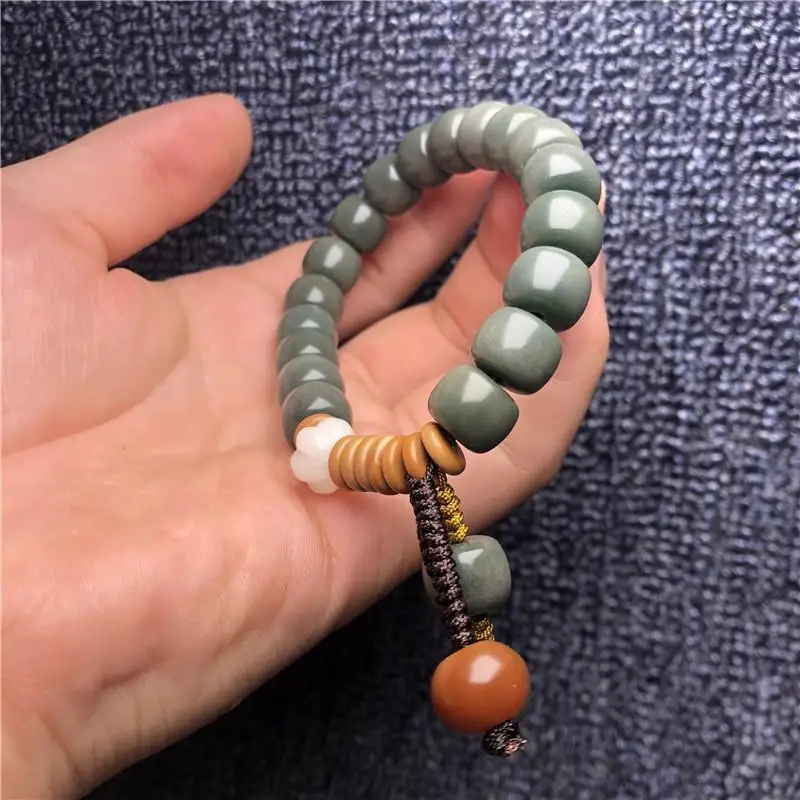 White Jade Bodhi Root Buddha Beads Bracelet Handheld Old Barrel Beads Gray Jade Yin Leather Green Bodhi Bracelet Beads