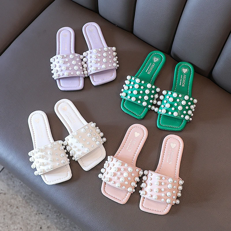 

Summer girls slippers square toe pearl four-color children's slippers rubber sole 26-36 fashion holiday children's flat shoes