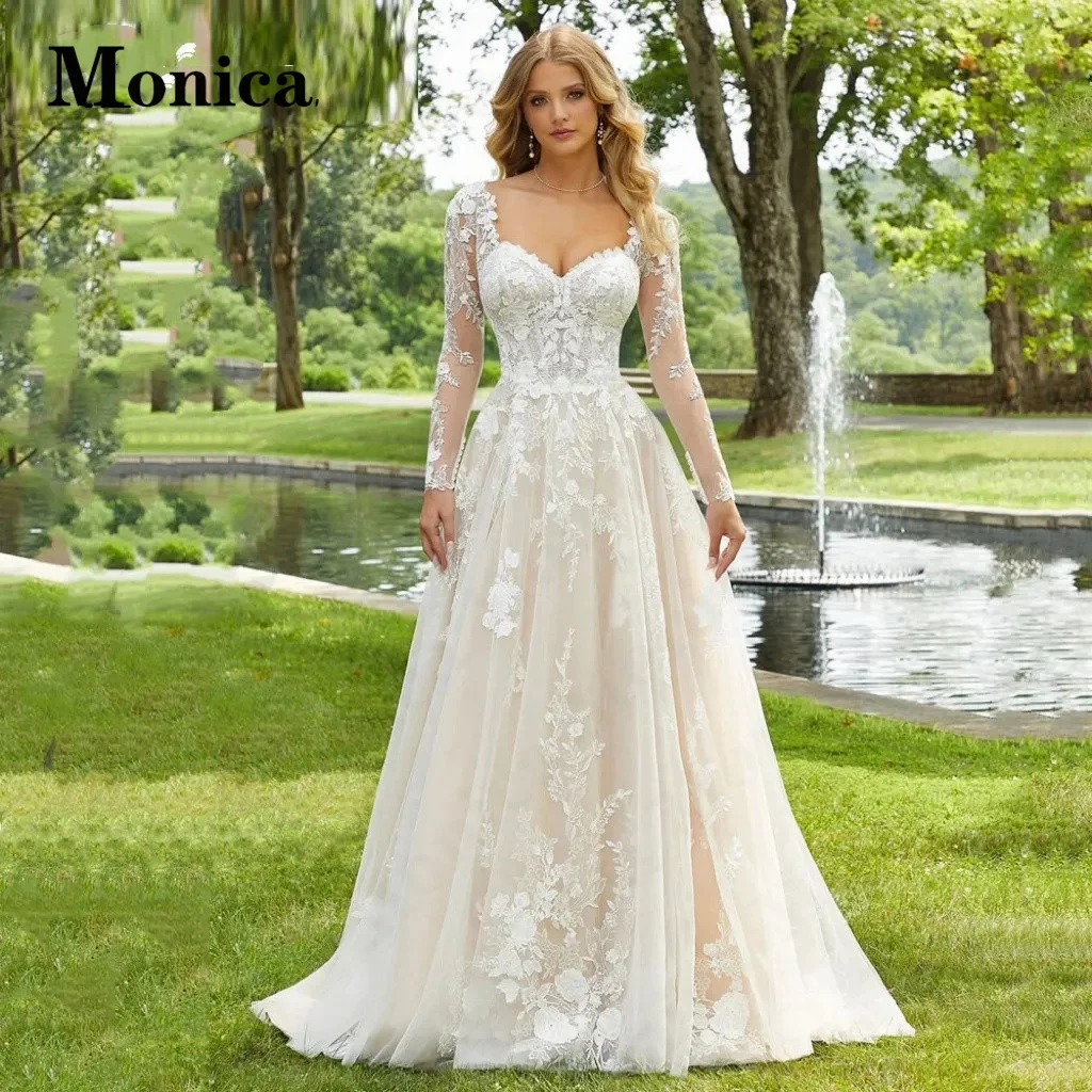 

MONICA Backless Appliques Wedding Dresses For Women Button Exquisite Court Train Tulle Full Sleeve A-Line V-Neck Customised