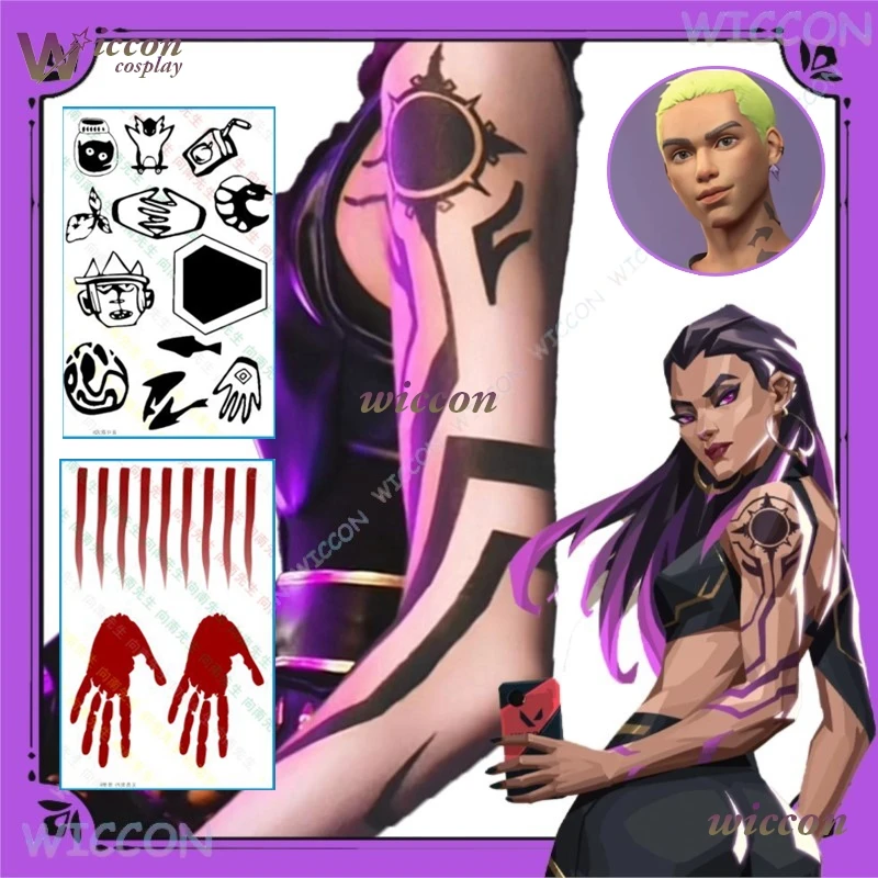 Фото Наклейка-тату Gekko Valorant Game Neon Accurate Design Fade для косплея, вирусный тренд, татуировка на ладонь Рейны, аксессуары для вечеринок, женские украшения на Хэллоуин №1