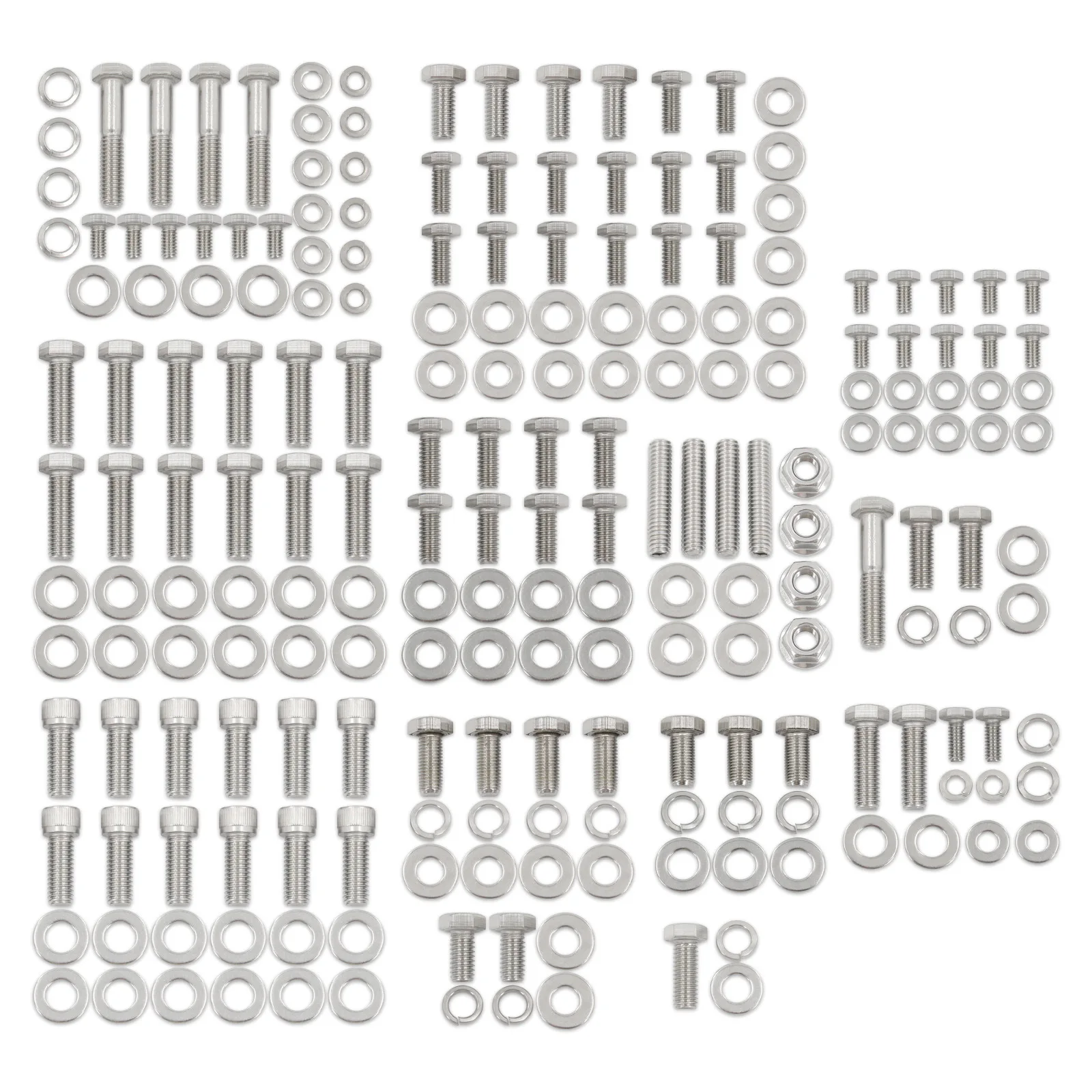

Комплект маленьких шестигранных болтов двигателя из нержавеющей стали для двигателя Chevy 265 283 302 305 307 327 350 400 SBC (211 шт. гаек и болтов)