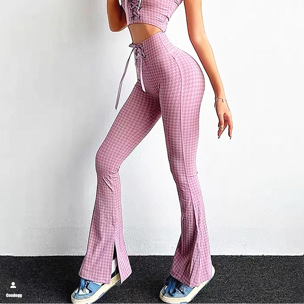 

2023 обтягивающие широкие брюки для йоги с рисунком «гусиные лапки», леггинсы для тренажерного зала и фитнеса, женские спортивные брюки для б...