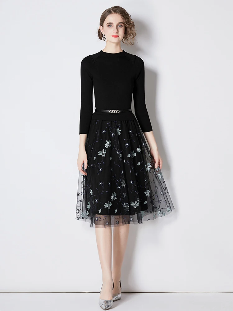 

Женское винтажное трикотажное платье с цветочной вышивкой, длинным рукавом и круглым вырезом