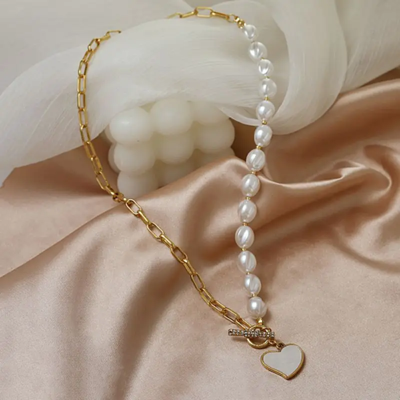 

Fashion Chain Simulated Pearl Necklace For Women Heart Shape Charm Pendants Choker Jewelry