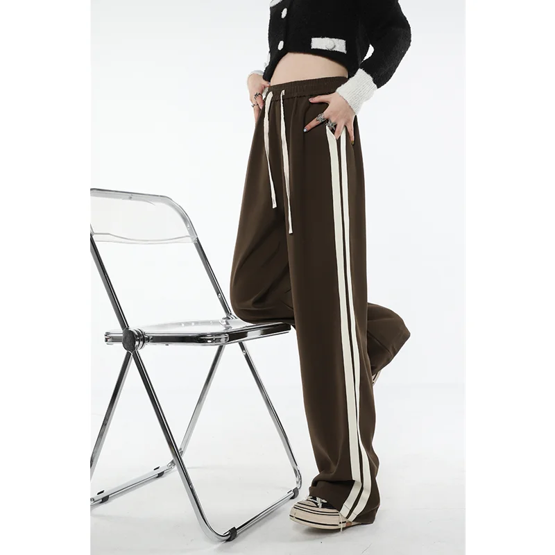 

Brown Womans Sweat Pants High Waist Summer Vintage Straight Trouser American Style Stripe Baggy Wide Leg Drawstring Sweat Pants