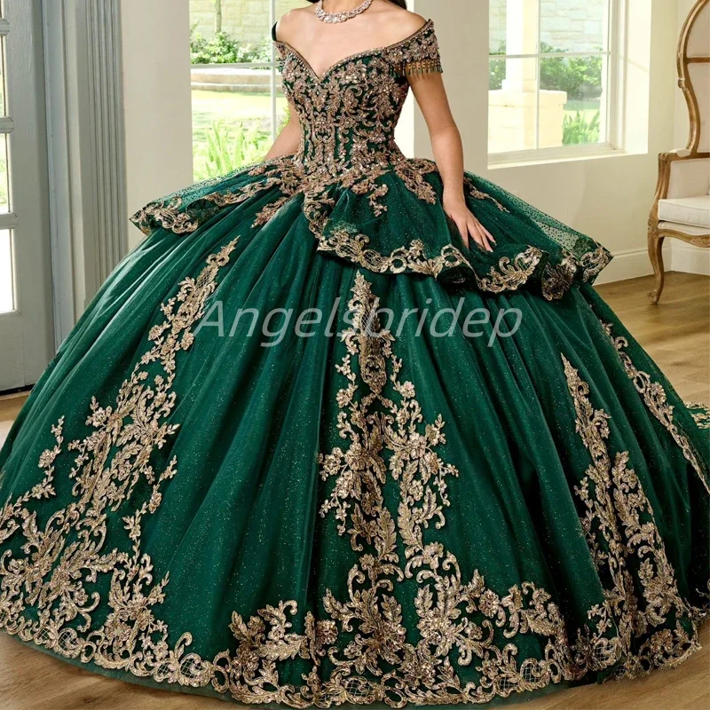 Angelsbridep Индивидуальное изумрудно-зеленое бальное платье Quinceanera Dresses 2025 Блестящий