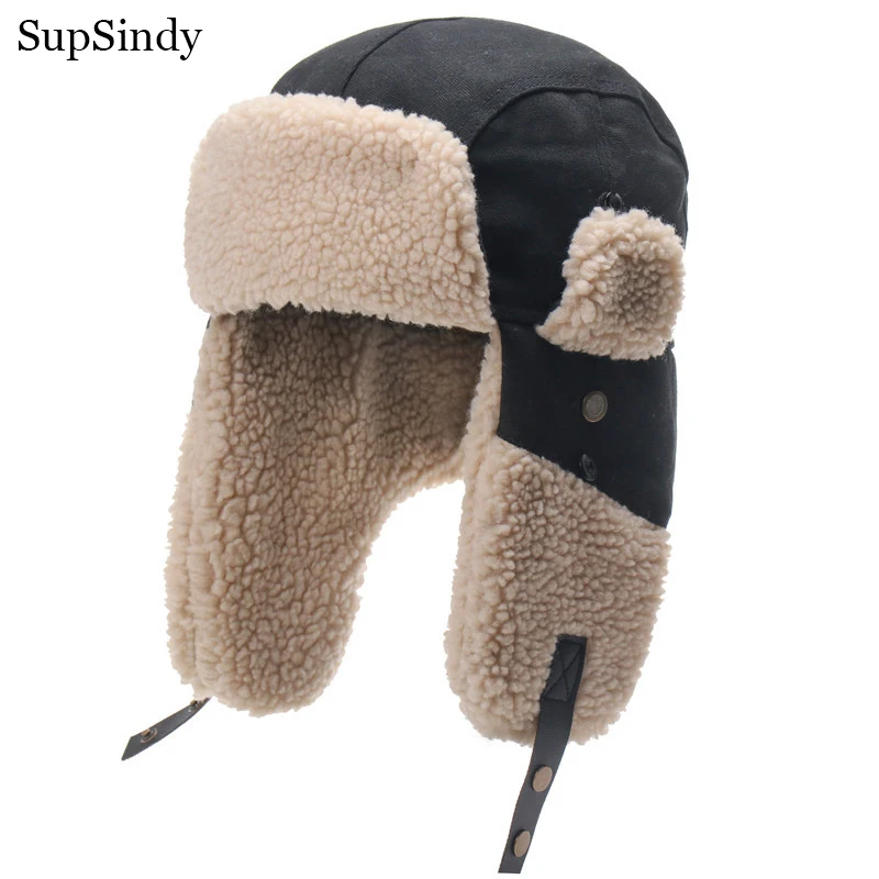 

SupSindy Армейская ушанка в стиле милитари для мужчин и женщин, ветрозащитные зимние шапки-бомберы с очками, теплая шапка-Авиатор из овечьей шер...
