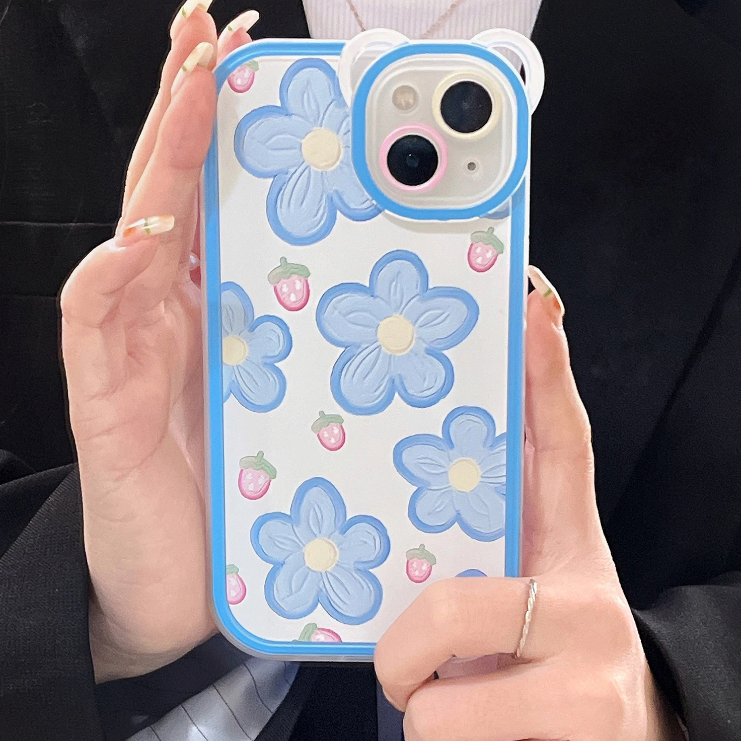 Милый корейский чехол для телефона с голубыми цветами и клубникой iPhone 13 11 12 Pro Max X