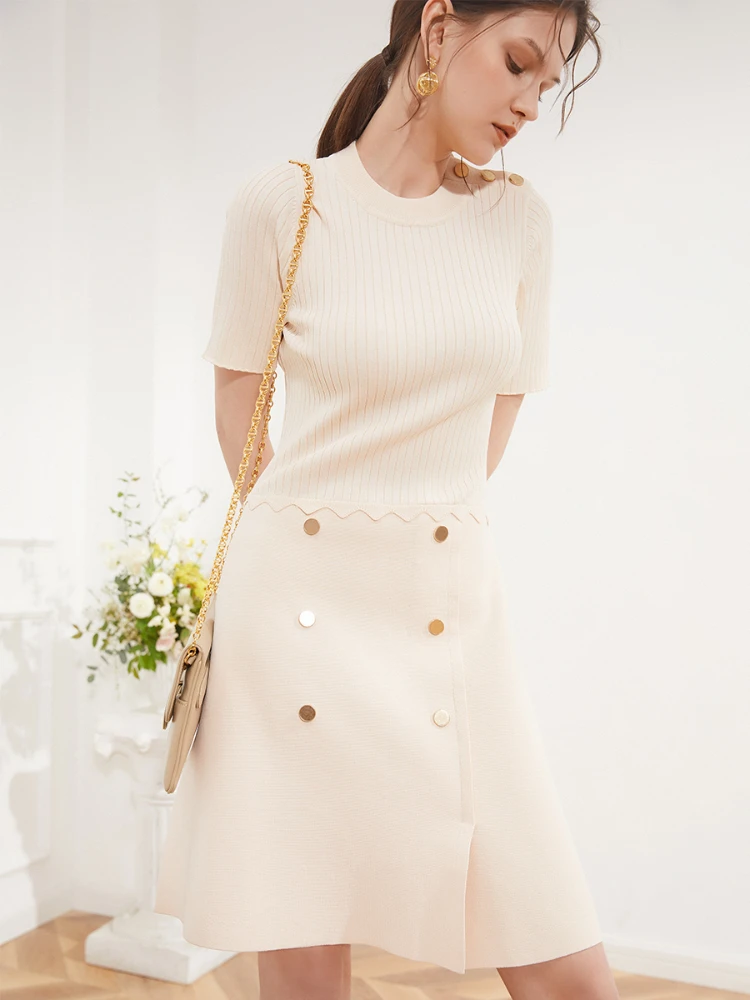 

EOS 2023 Women Crew-neck Button Front Knitted Mini Dress French Pairs Sand Brand Free Shipping
