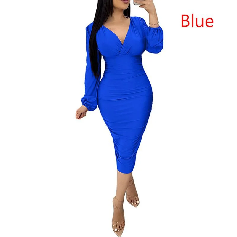 

Женское облегающее платье-карандаш OTEN с V-образным вырезом и длинным рукавом-фонариком, соблазнительное зимнее однотонное платье с оборками и низким вырезом