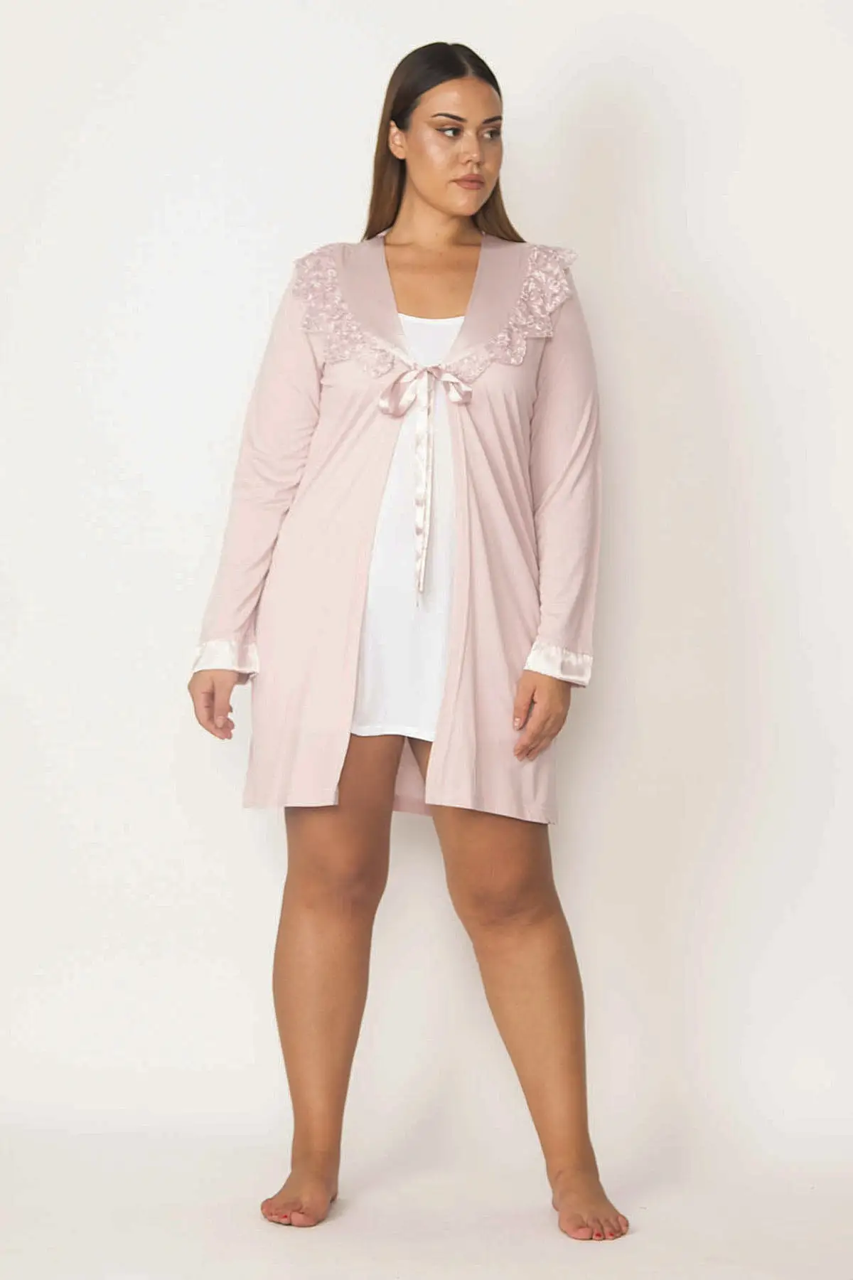 

Dressing Gown Pink Lace Detailed Fashion Robe Robe Robe Sexy Peignoir Kimono Bride Sleepwear Night Gown