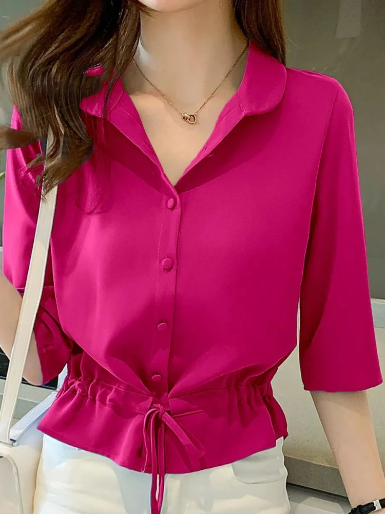 

Women Summer Blouses Solid Turn-down Collar Half Sleeve Chiffon Shirt Fashion Casual Shirring Single-breasted Blouses Female New