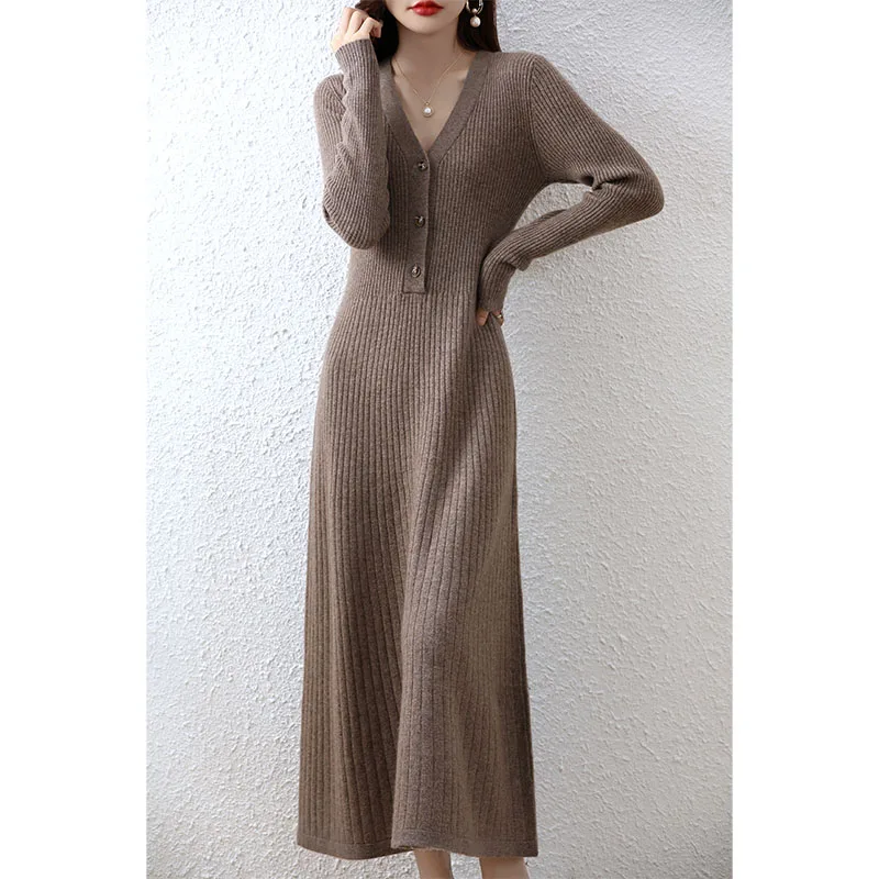 Over-The-Knee V-Neck Cashmere Mid-length. Women's Sweater Skirt 2022 Autumn And Winter New Slim Wool Bottoming Dress Long Skirt