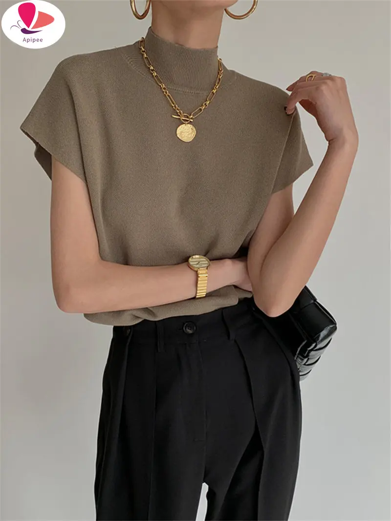 

Однотонная трикотажная женская рубашка APIPEE с воротником-стойкой, модная универсальная свободная Элегантная блузка для офиса