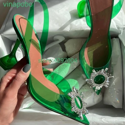 

Runway style Crystal Transparent PVC Women pumps Fashion Purple Slingbacks High heels Jelly Shoes Summer Female Party Prom shoes