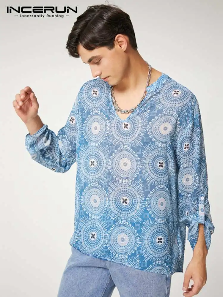 

Casual Well Fitting New Men Tops INCERUN Ethnic Style Printing V-neck Long-sleeved Blouse Thin Slightly See-through Shirts S-5XL