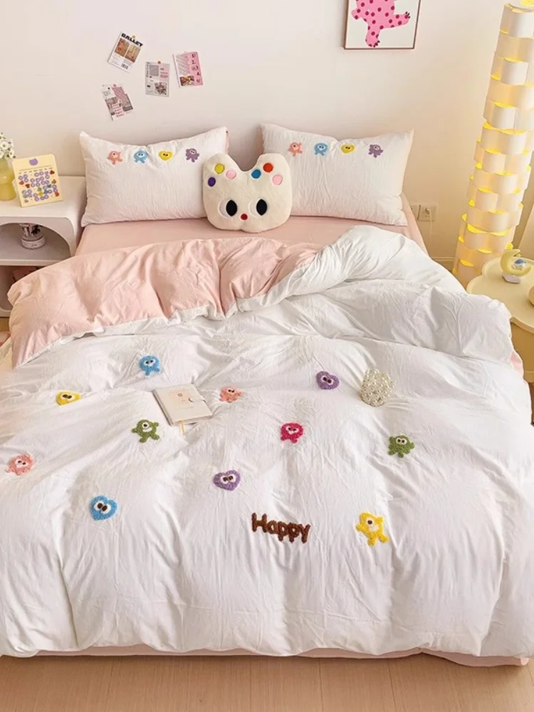 Super Soft Washed Cotton Four-Piece Non-Cotton Quilt Cover Single Student Dormitory Bed Sheet Three-Piece Bedding Four...