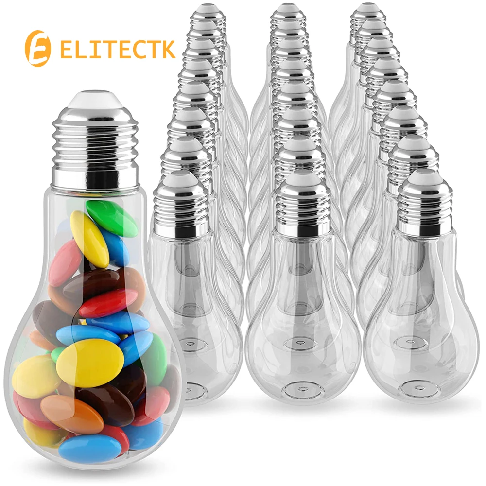 24pack Fillable Light Bulb, Candy Container, Silver, Plastic, 100 ML 5.5 Oz, Clear Twist Off Cap, Flat Bottom Fake Lightbulb Jar