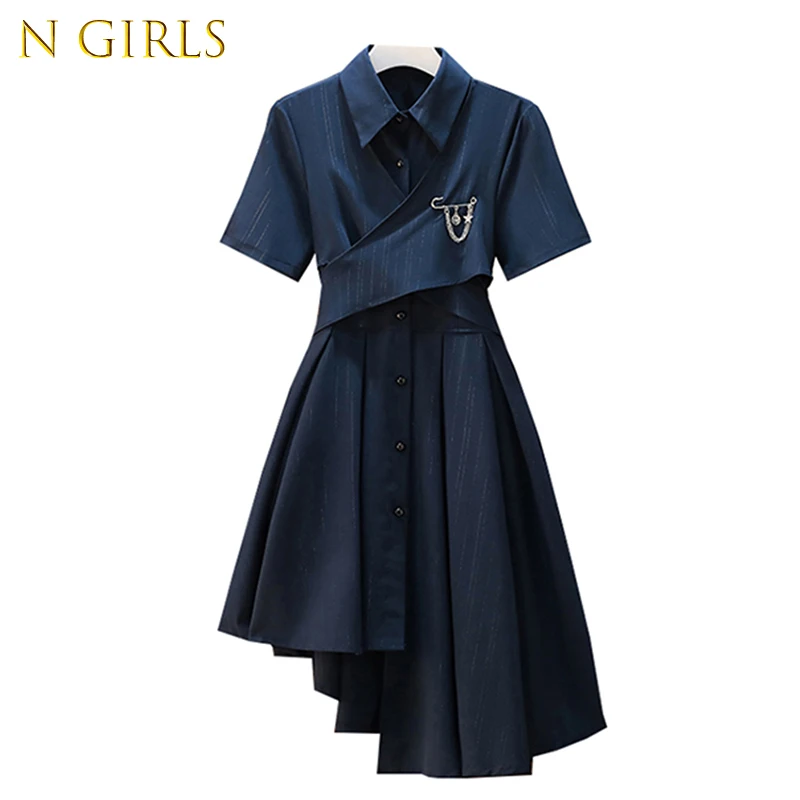 

N GIRLS Newest Korean Dark Blue Irregular Dress Women Summer 2022 Retro Preppy Close Waist Lapel Short Sleeve Mid-Length Polo