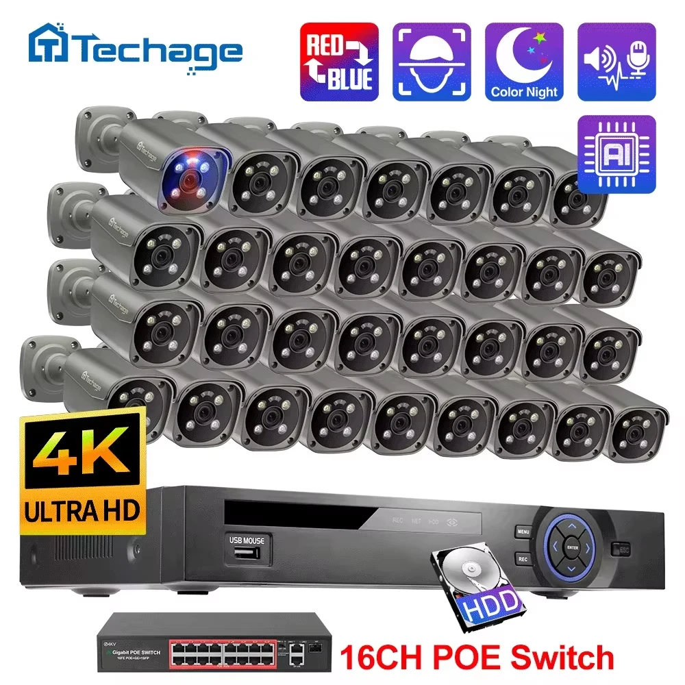 Techage H.265 32CH 4K 8MP система видеонаблюдения камера обнаружения лиц интеллектуальный