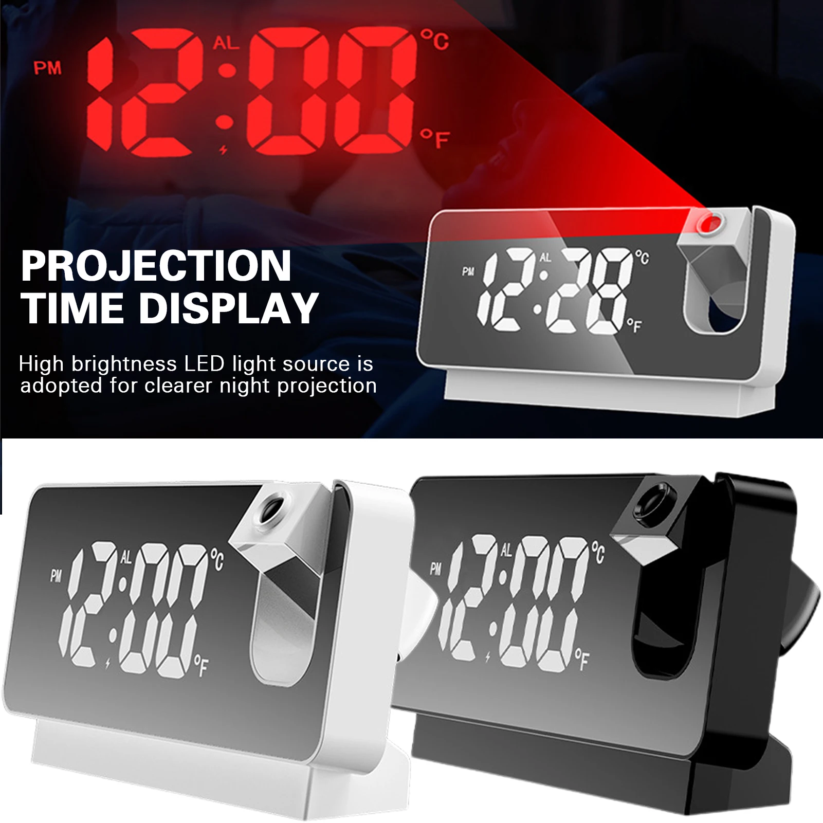 

Проекционный будильник со светодиодсветодиодный цифровым большим экраном, дисплей с отображением температуры и даты, бесшумный проектор д...