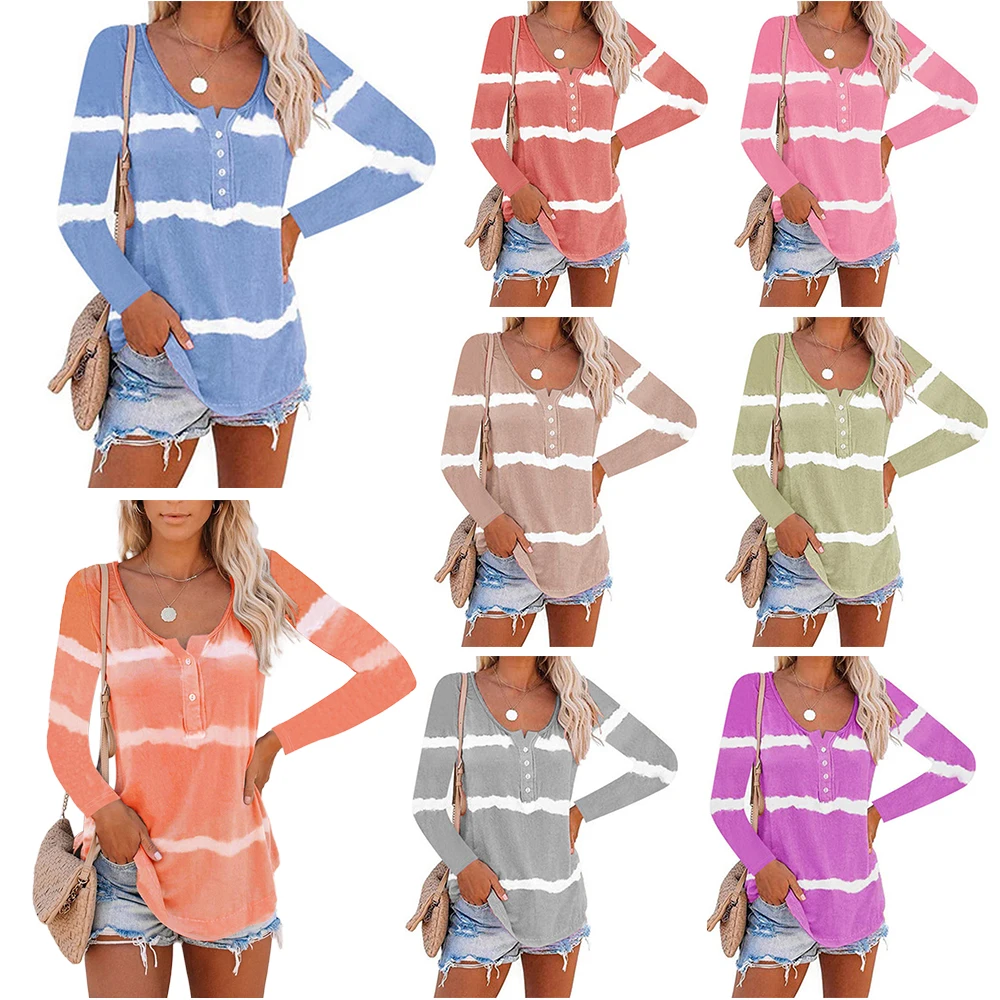 

Tie Dye Print Striped T Shirt Women Long Sleeve T-shirts O-neck Female T-Shirt Streetwear Elegant Casual Tops Tees