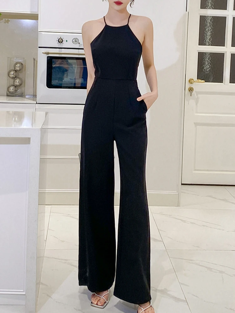 Summer Women Runway One Piece Wide Leg Jumpsuits Female Fashion Elegant Sleeveless Long Playsuits Sexy Lady Rompers