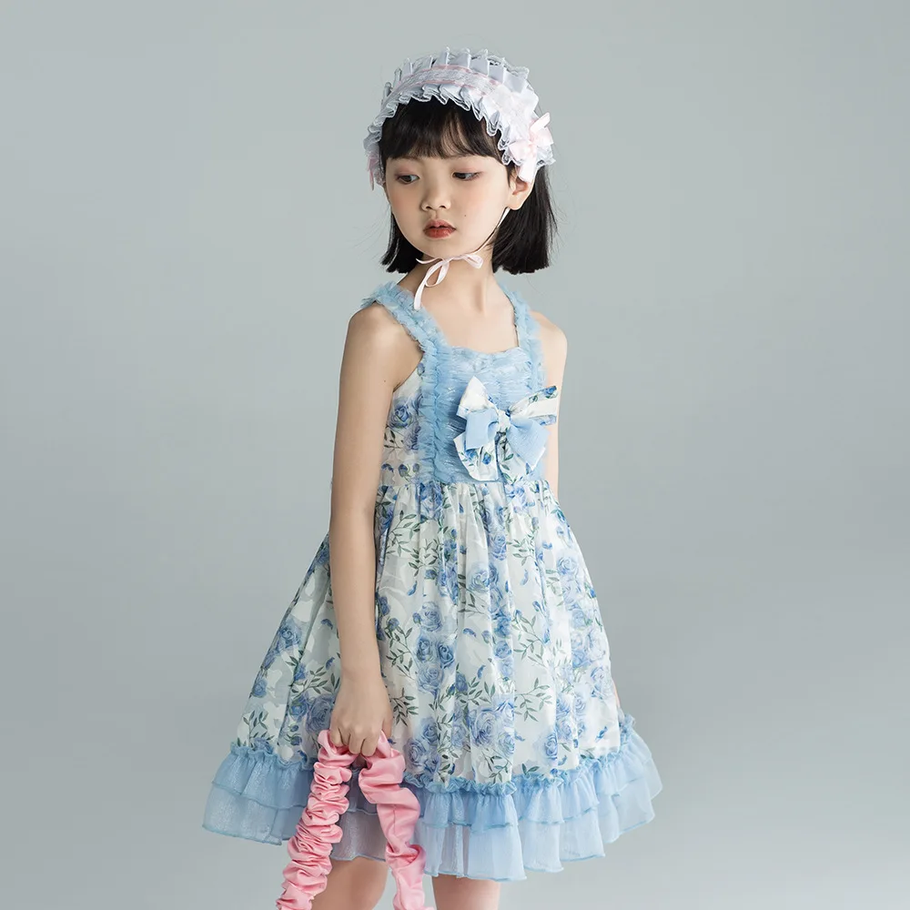 

Girls Dress 2022 Floral Princess Dress Desiger New Summer Kids Mesh Vest Sling Party Dress 12 13 Years Children Blue Bow Clothes