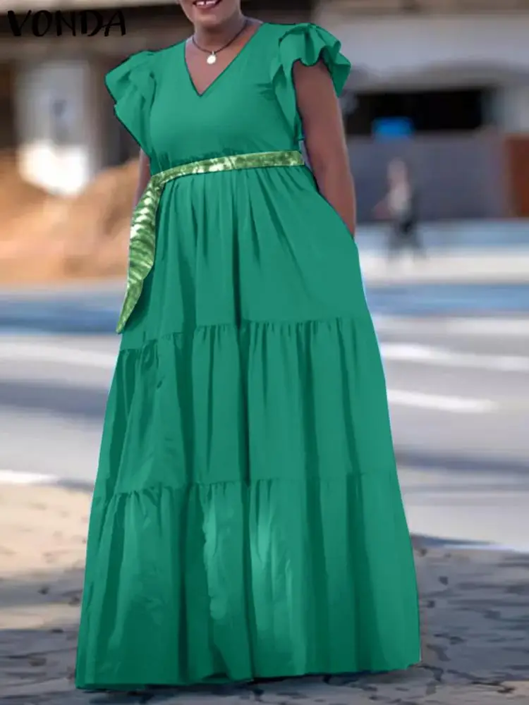 

VONDA 2022 Maxi Dress Fashion Women Short Sleeve Sexy V Neck Party Robe Femme Casual Ruffled Solid Beach Long Sundress
