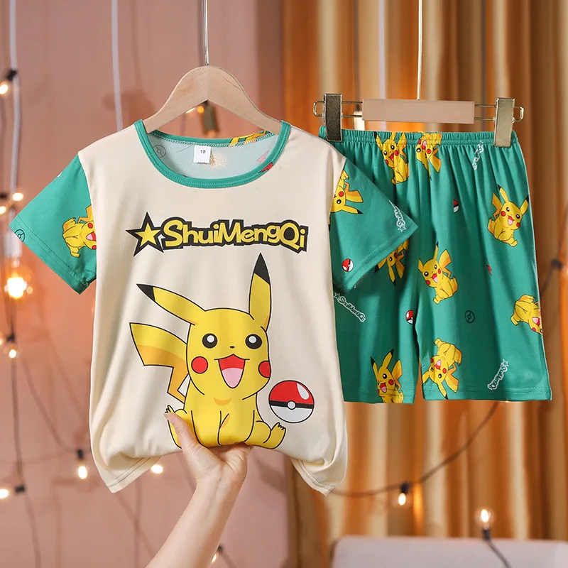 Summer Pokemon Pikachu Cartoon Kids Pajamas Set Children's Clothing Boys Girls Short-sleeve Shorts Cotton Sleepwear Homewear Set