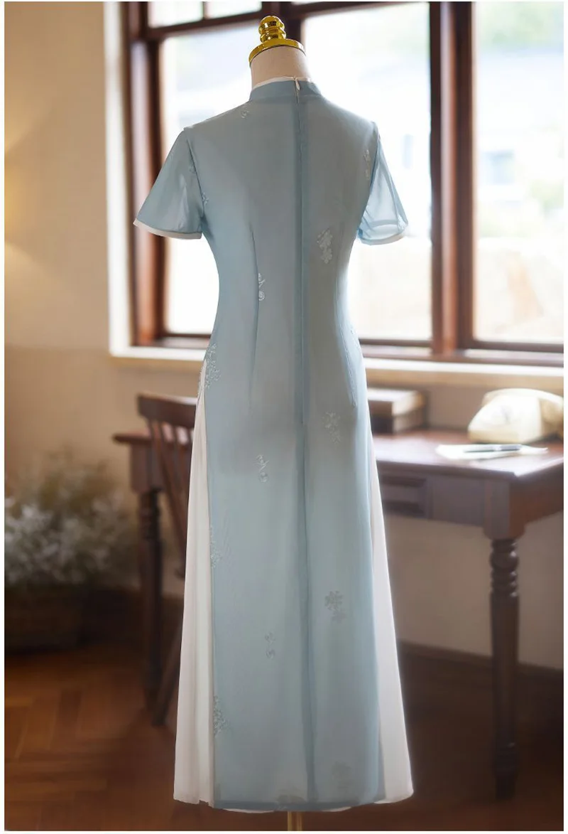 Женское длинное платье-Ципао с коротким рукавом синее элегантное винтажное