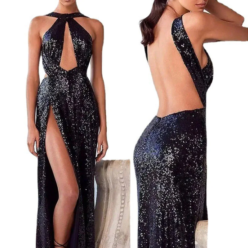 Women Sexy Cold Shoulder Backless High Slit Maxi Sequin Black Elegant Party Dress Hollowed Out