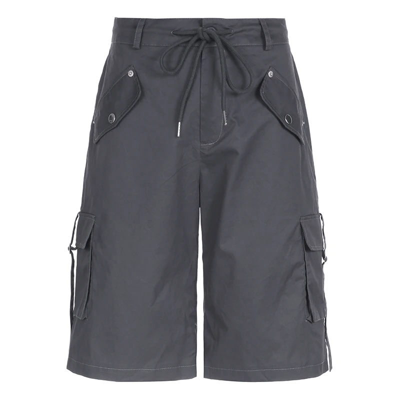 Darlingaga Streetwear Drawstring Solid Low Waist Cargo Shorts Women Pockets Harajuku Gorpcore Short Pants Capris Outfits Korean