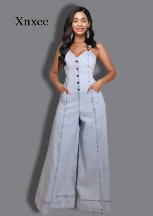 Spring Autumn New Women Denim Jumpsuits Loose Slim Single-Breasted Jumpsuits Women Strap V Neck Wide Leg Pants Denim Jumpsuits