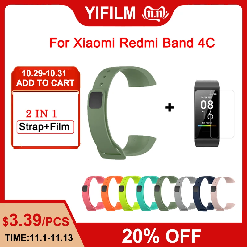 

2 In1 Silicone Strap With Film For Xiaomi Mi Band 4c Replacement Smart Wrist Bracelet For Xiaomi Redmi Band 4C Watchband Strap