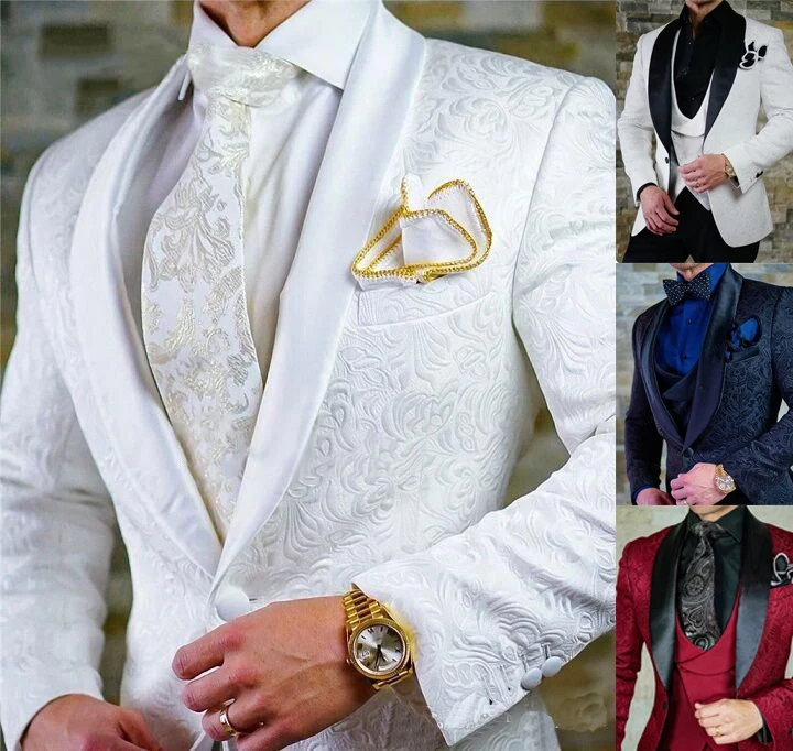 2023 Custom size Jacquard Groomsmen white Groom Tuxedos Shawl Lapel Men Suits Wedding Prom Best Man Blazer Jacket with Pants Set