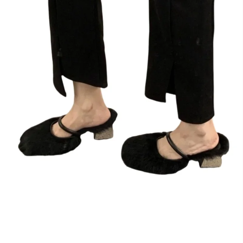 Женские меховые тапочки на высоком каблуке модная зимняя новая дизайнерская